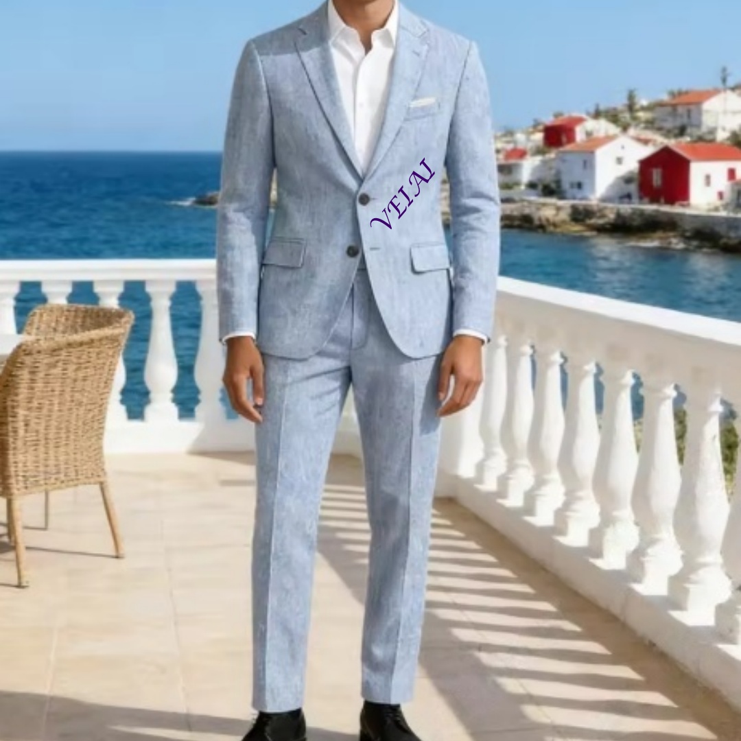 Men'S Formal Beach Wear - 맞춤형 소프트 스카이 블루 리넨 2피스