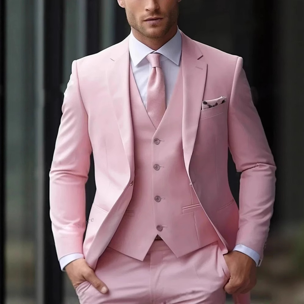 Men'S Formal Wear For Reception - 3피스 핑크 정장 남성 슬림핏 신랑