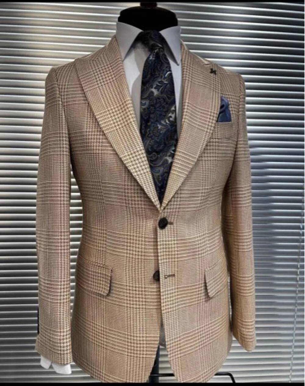Khaki Formal Wear Men - 카키색 2피스 수트 하운드투스 디자인 블레이저