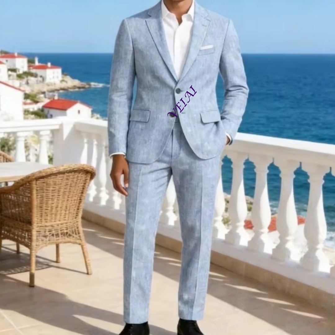 맞춤형 소프트 스카이 블루 리넨 2피스 슈트 슬림핏 노 - Men'S Formal Beach Wear 리뷰 및 가격