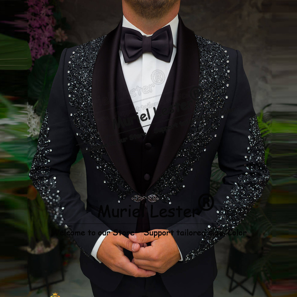 반짝이는 크리스탈 비즈 장식 슬림핏 숄 라벨 프롬 블레 - Men'S Formal Wear Attire 리뷰 및 가격
