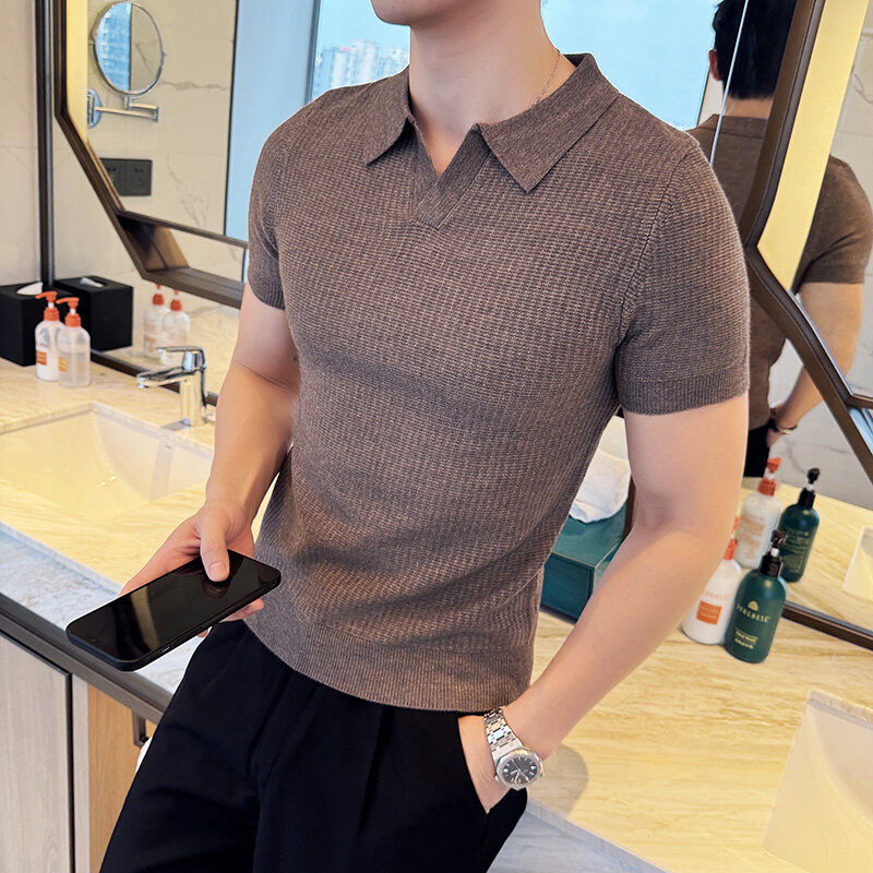 남성용 슬림핏 폴로 칼라 자카드 니트 스웨터 - 베이지 - Men Formal Wear 2025 리뷰 및 가격