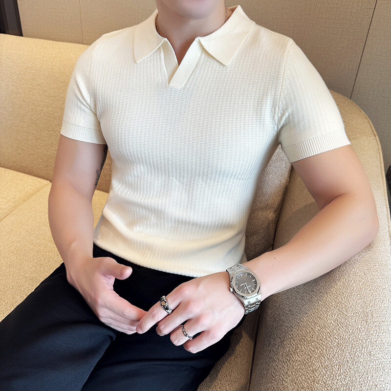 남성용 슬림핏 폴로 칼라 자카드 니트 스웨터 - 베이지 - Men Formal Wear 2025 리뷰 및 가격