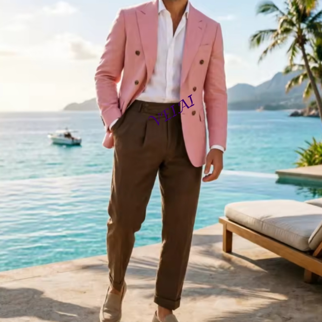 맞춤형 2피스 베이지 리넨 남성 더블 브레스티드 수트, - Men'S Formal Wear Attire 리뷰 및 가격