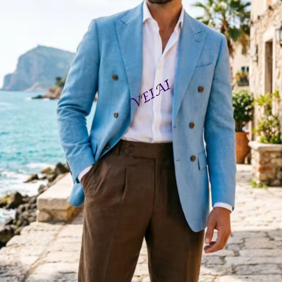 맞춤형 2피스 베이지 리넨 남성 더블 브레스티드 수트, - Men'S Formal Wear Attire 리뷰 및 가격
